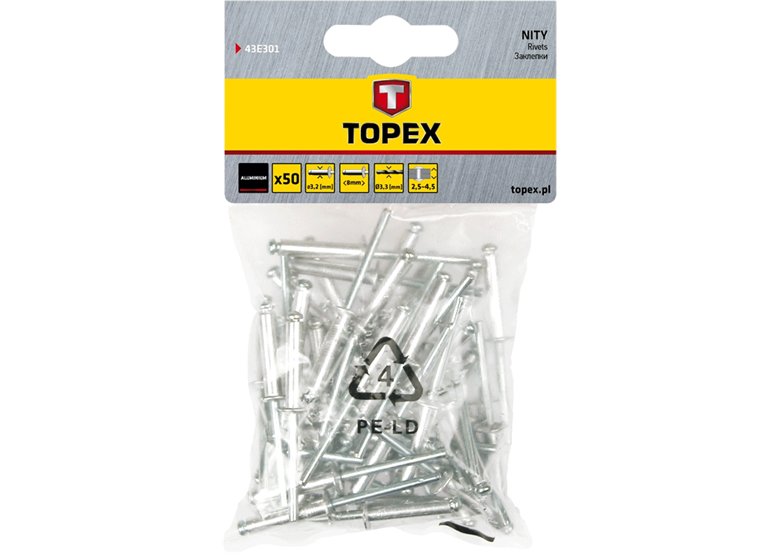 Rivets en aluminium 4.0 mm x 12,5 mm, 50 pièces Topex 43E403