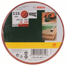 Papier de verre pour ponceuses excentriques, G80, 120, 240, 25 pièces. Bosch 2607019496