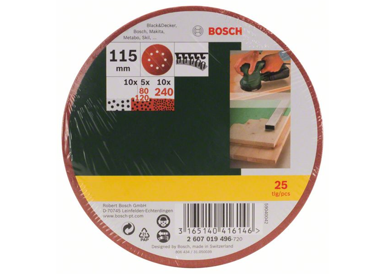 Papier de verre pour ponceuses excentriques, G80, 120, 240, 25 pièces. Bosch 2607019496