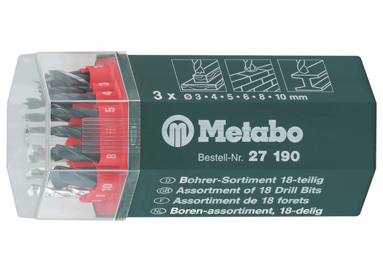 Forets en boite ronde (18 pcs) métal-pierre-bois (6x3-4-5-6-8-10 mm) Metabo 627190000